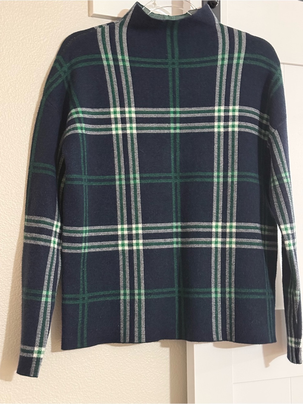 Nicole Miller Navy and Green Plaid Turtleneck Sweater